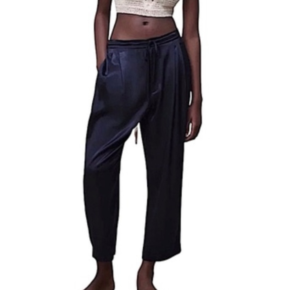 ZARA Satin Effect Pleated Pants In Navy Blue Size XXL NWT